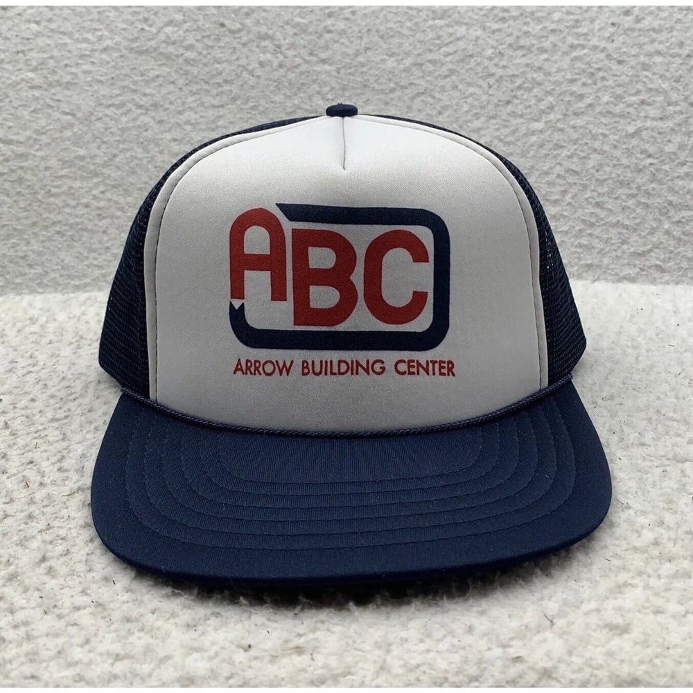 VTG ABC Trucker Hat Mens Snapback Foam Mesh Blue White Arrow Building Center Dad